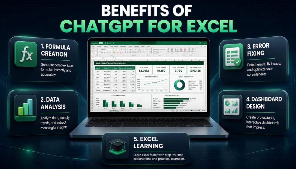 Infographic showing five uses of ChatGPT for Excel, including formulas, data analysis and dashboard design.