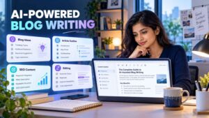 Indian content writer using an AI writing assistant to prepare a blog outline and SEO article draft.