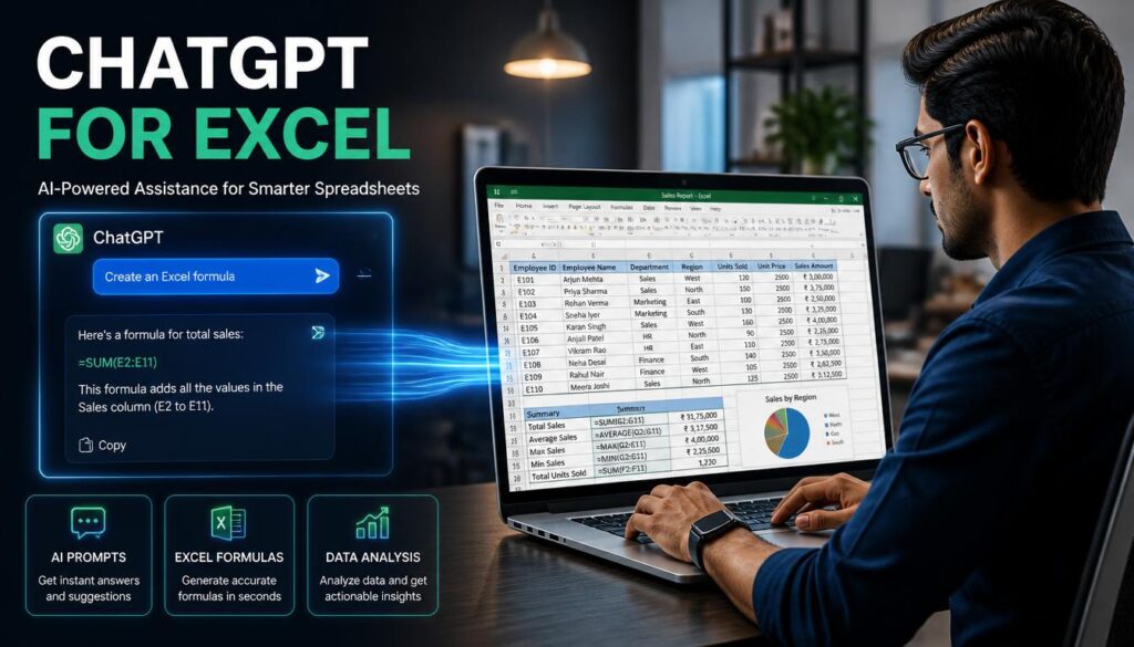 Indian professional using an AI chat interface to generate formulas for an Excel spreadsheet.